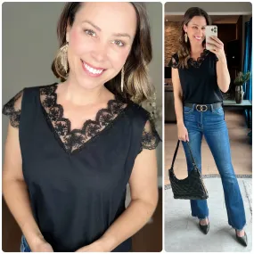 Black Lace Trim V Neck Top