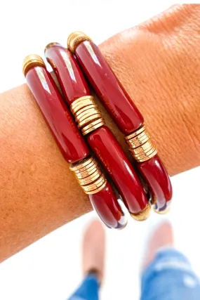 Burgundy Acrylic Tube   Gold Disc Bamboo Tube Bracelet