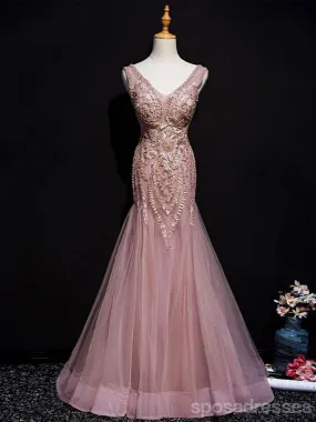 Dusty Rose Mermaid V-neck Long Prom Dresses Online, Dance Dresses,12640