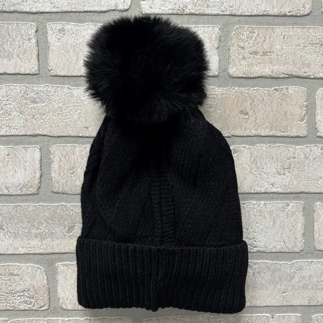 Hat - Zig Zag Stitch Pom Pom - Black