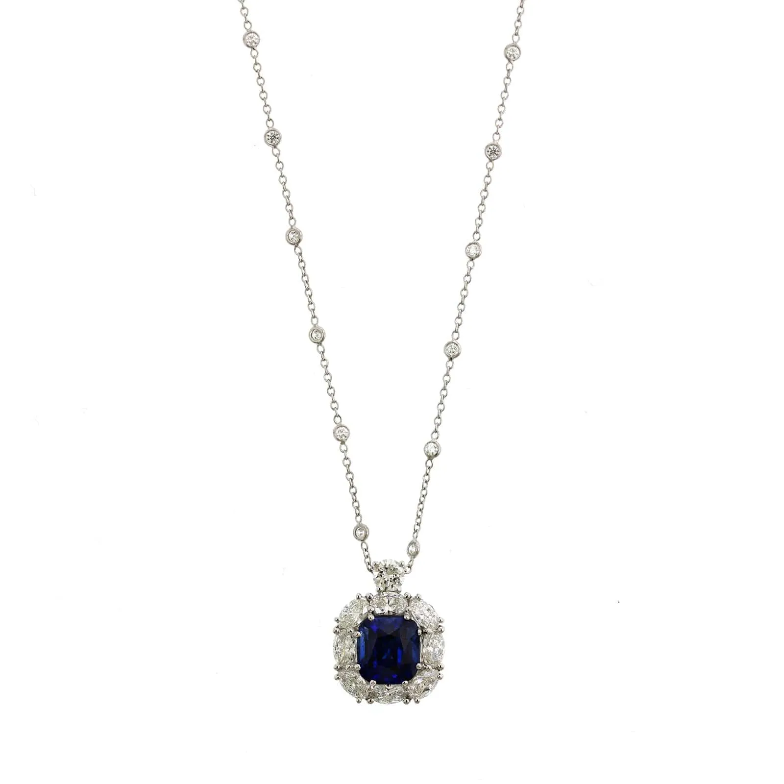 Platinum Cushion Sapphire Diamonds By The Yard Halo Necklace