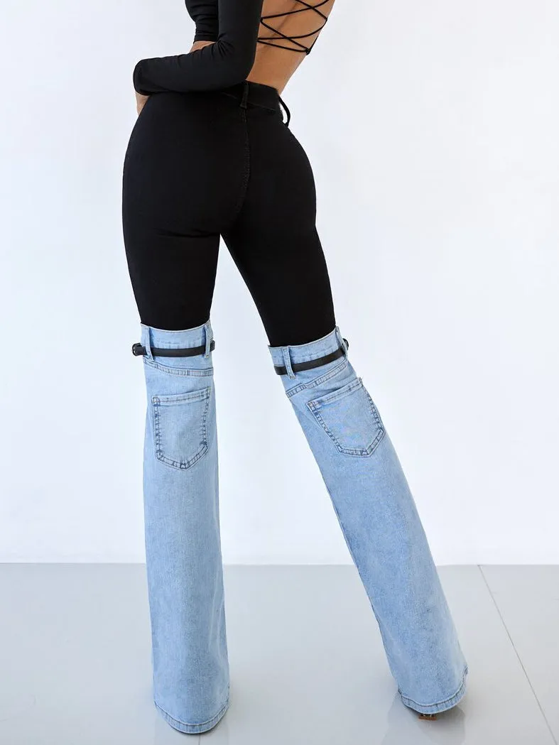 ZASUWA Female Contrast Color Denim Flare Fashion Pants